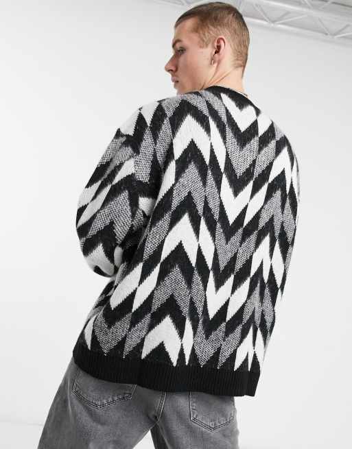 ASOS DESIGN - Oversized gebreide trui met V-hals en zwart-wit ruitmotief, 2 van 4