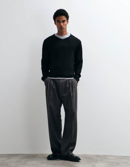 ASOS DESIGN oversized gebreide trui met V-hals in blauw ribbreisel, 2 van 5