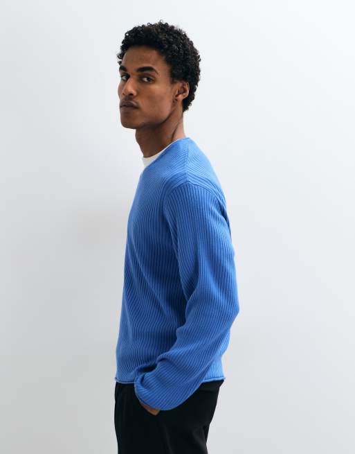 ASOS DESIGN oversized gebreide trui met V-hals in blauw ribbreisel, 4 van 5