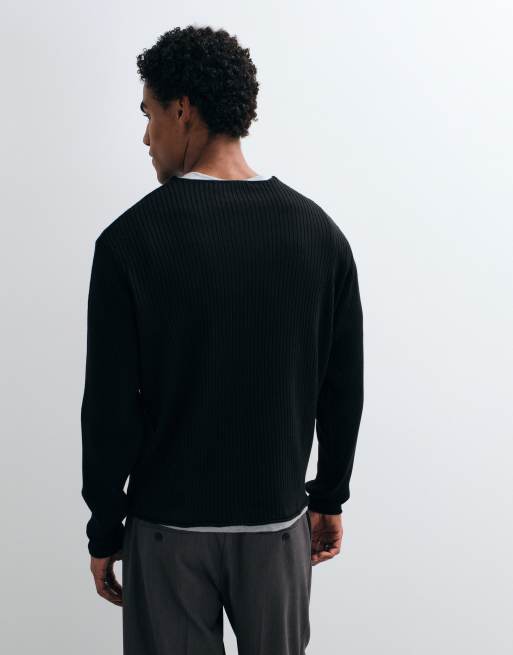 ASOS DESIGN oversized gebreide trui met V-hals in zwart rib, 5 van 9