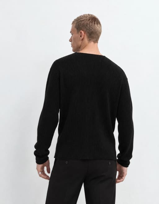 ASOS DESIGN oversized gebreide trui met V-hals in zwart rib, 9 van 9