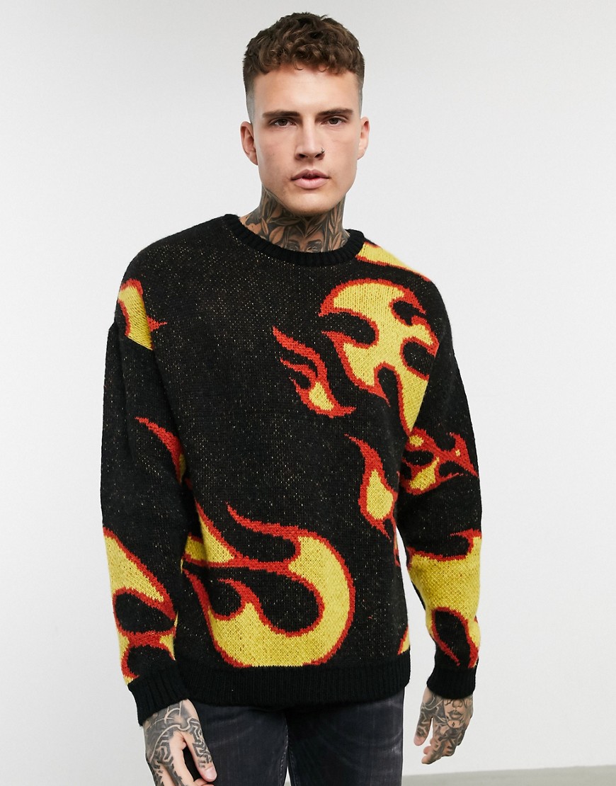 ASOS DESIGN - Oversized gebreide trui met vlammenprint-Zwart