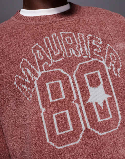 ASOS DESIGN - Oversized gebreide trui van chenille met grafische Maurier 80 print in rood , 5 van 5