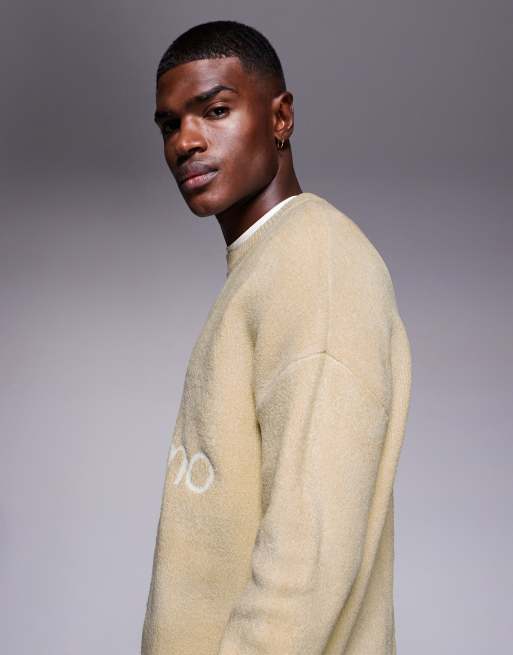 ASOS DESIGN - Oversized gebreide trui van chenille met grafische Palermo-print in stone, 4 van 5
