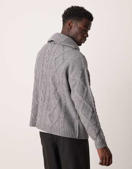 ASOS DESIGN - Oversized gebreide trui van zware wolmix met kabels en korte rits in grijs, 2 van 4
