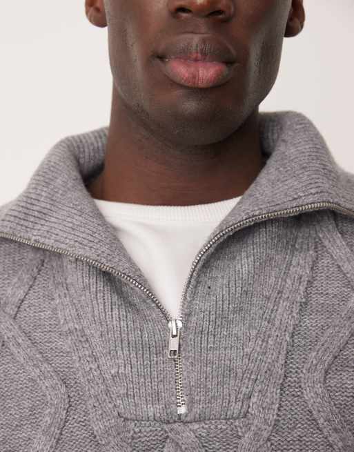 ASOS DESIGN - Oversized gebreide trui van zware wolmix met kabels en korte rits in grijs, 4 van 4