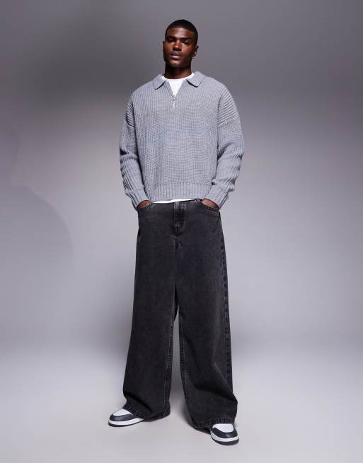 ASOS DESIGN - Oversized gebreide trui van zware wolmix met rechte pasvorm en kwartrits in gemêleerd grijs, 2 van 5