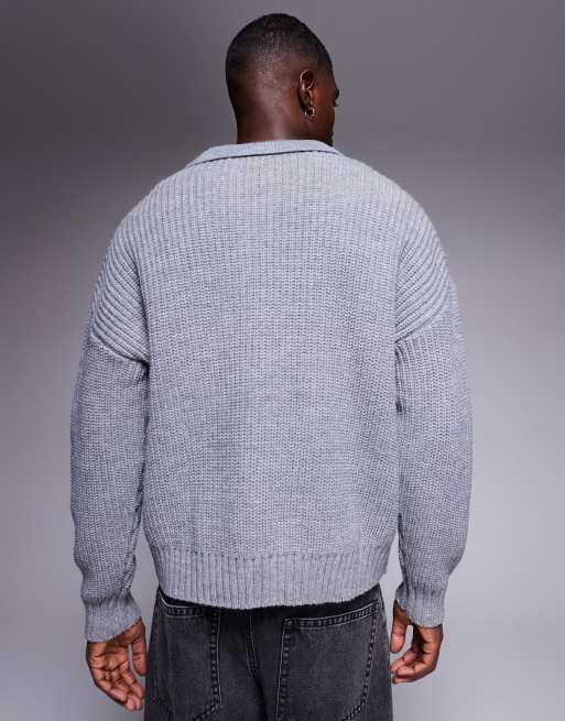ASOS DESIGN - Oversized gebreide trui van zware wolmix met rechte pasvorm en kwartrits in gemêleerd grijs, 3 van 5