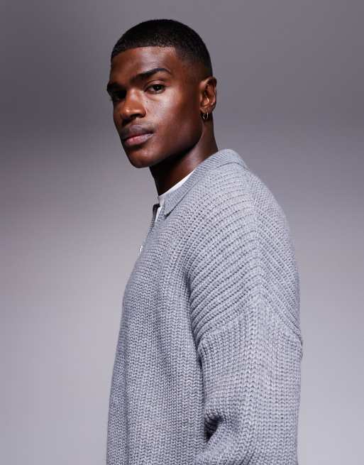 ASOS DESIGN - Oversized gebreide trui van zware wolmix met rechte pasvorm en kwartrits in gemêleerd grijs, 4 van 5