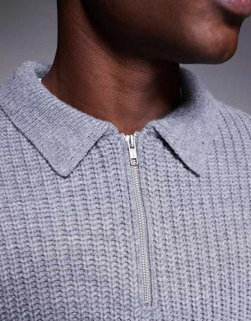 ASOS DESIGN - Oversized gebreide trui van zware wolmix met rechte pasvorm en kwartrits in gemêleerd grijs, 5 van 5