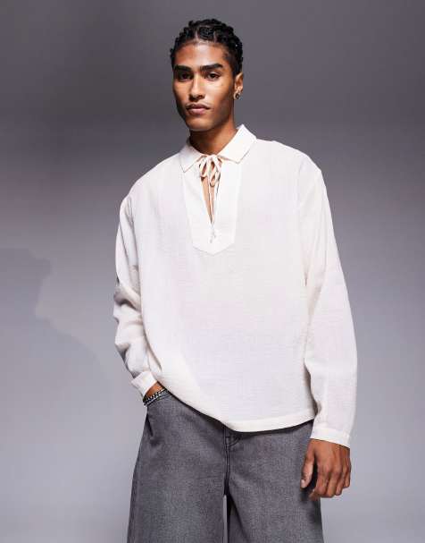 ASOS DESIGN - Oversized gennemsigtig ecru overhead-skjorte med bindebånd i halsen - view 1