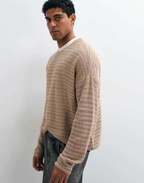 ASOS DESIGN - Oversized geribbeld gebreid T-shirt met lange mouwen in gemêleerd stone - view 1