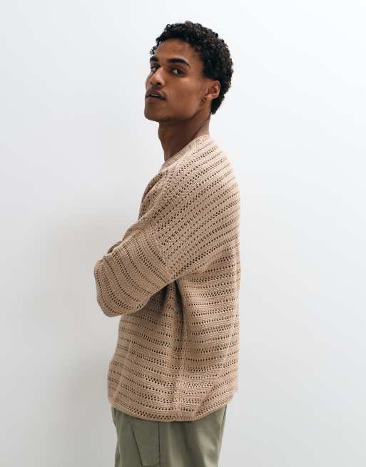 ASOS DESIGN - Oversized geribbeld gebreid T-shirt met lange mouwen in gemêleerd stone, 4 van 5