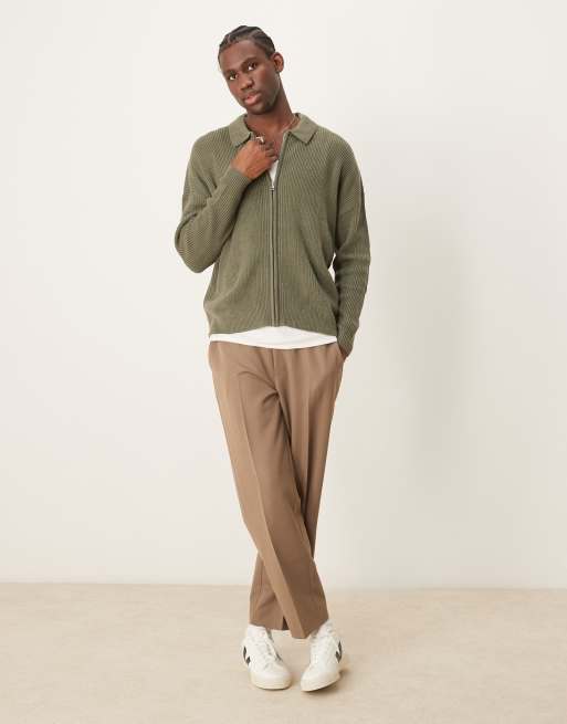 ASOS DESIGN - Oversized geribbeld gebreid vest met ritssluiting en kraag in kaki, 2 van 4