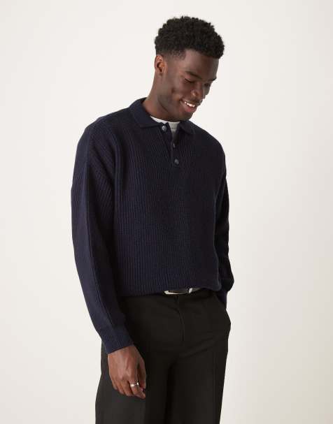 ASOS DESIGN - Oversized geribbeld gebreide polo met rechte pasvorm in marineblauw - view 1
