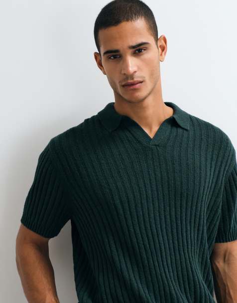 ASOS DESIGN - Oversized geribbeld gebreide polo met textuur in groen - view 1