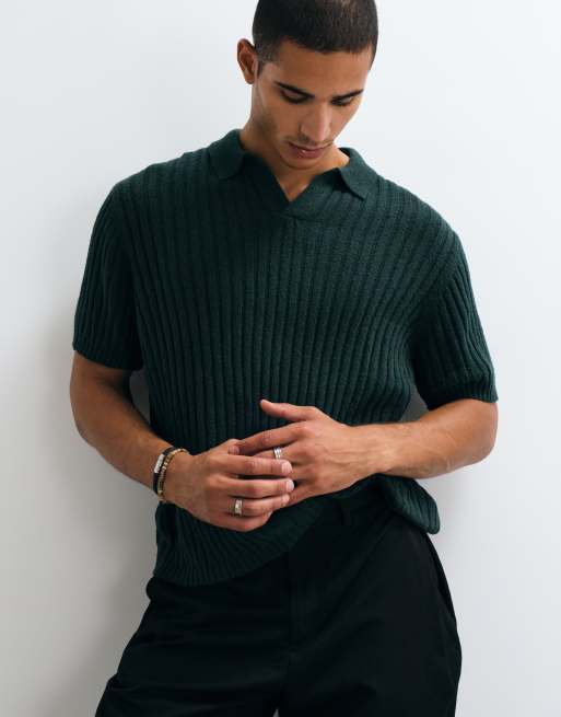 ASOS DESIGN - Oversized geribbeld gebreide polo met textuur in groen, 3 van 5