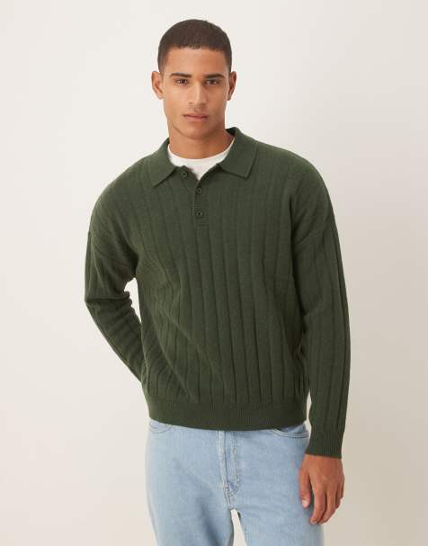 ASOS DESIGN - Oversized geribbeld gebreide polo van lamswol in donkergroen - view 1