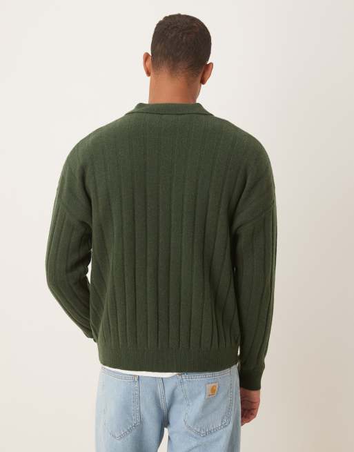 ASOS DESIGN - Oversized geribbeld gebreide polo van lamswol in donkergroen, 3 van 5