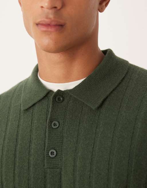 ASOS DESIGN - Oversized geribbeld gebreide polo van lamswol in donkergroen, 5 van 5