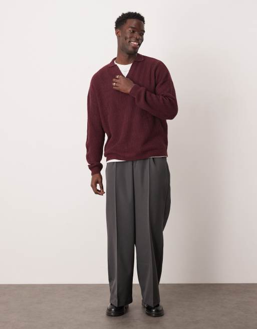 ASOS DESIGN - Oversized geribbeld gebreide trui met inkeping aan de hals in bordeauxrood, 4 van 4