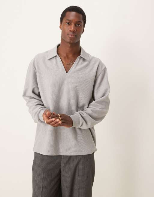 ASOS DESIGN - Oversized geribbeld rugbyshirt in gemêleerd grijs