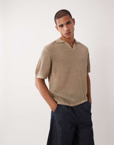 ASOS DESIGN - Oversized geribbelde gebreide polo met korte mouwen en inkeping in de hals in beige - view 1