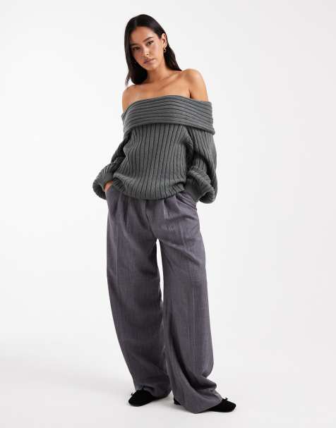 ASOS DESIGN - Oversized geribbelde gebreide trui met blote schouders en ballonmouwen in antracietgrijs - view 1