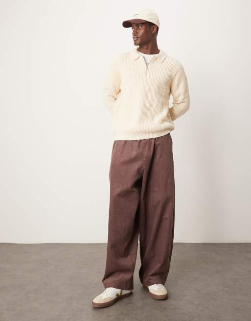 ASOS DESIGN - Oversized geribbelde gebreide trui van wolmix van zware kwaliteit met korte rits en kraag in lichtbeige, 4 van 4