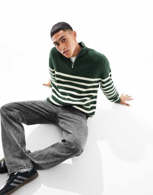 ASOS DESIGN - Oversized geribbelde gebreide visserstrui met 1/4 rits in groene en witte strepen