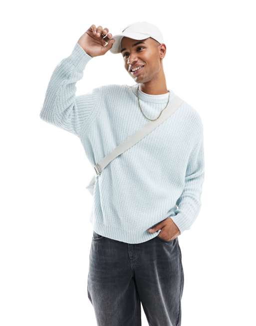 ASOS DESIGN - Oversized geribbelde gebreide visserstrui met ronde hals in blauw