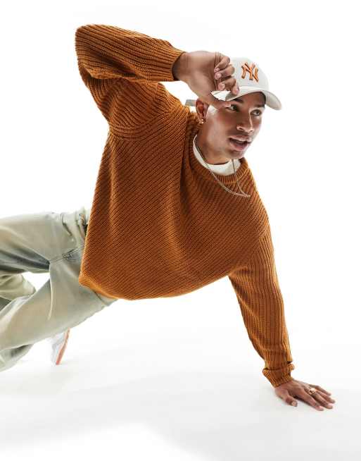 ASOS DESIGN - Oversized geribbelde gebreide visserstrui met ronde hals in gebrand oranje