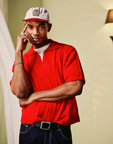 ASOS DESIGN - Oversized geribbelde polo met inkeping op de hals in rood - view 1
