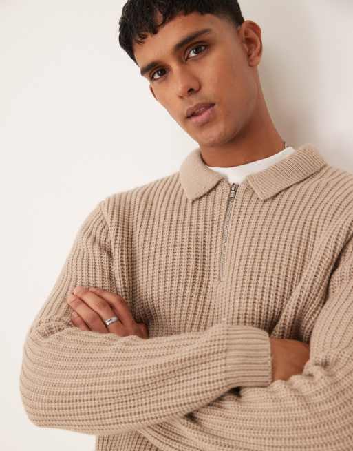 ASOS DESIGN - Oversized geribbelde trui van wolmix van zware kwaliteit met korte rits en kraag in taupe