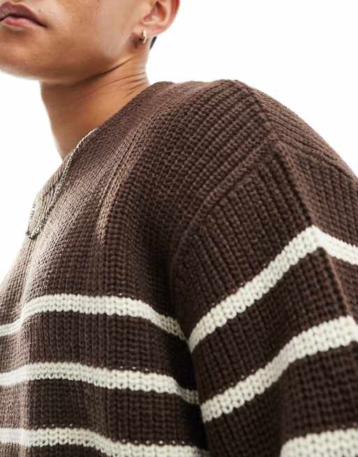 ASOS DESIGN - Oversized geribbelde visserstrui met ronde hals in bruine en witte strepen, 2 van 4