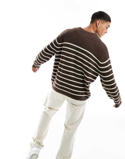 ASOS DESIGN - Oversized geribbelde visserstrui met ronde hals in bruine en witte strepen, 3 van 4