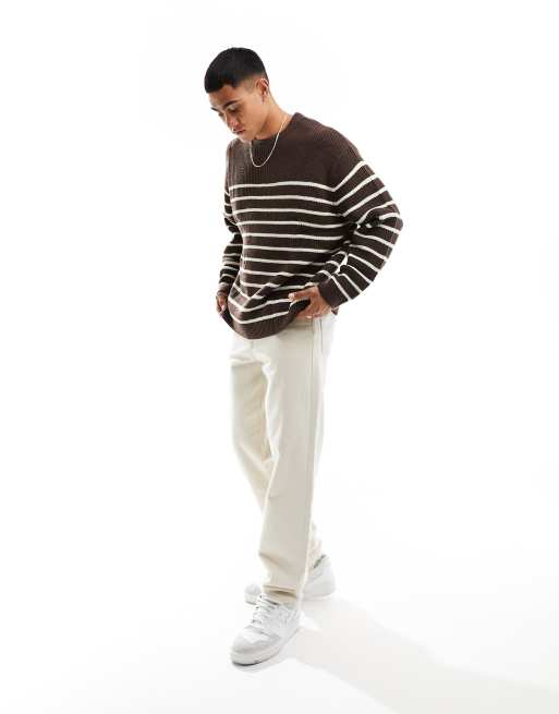 ASOS DESIGN - Oversized geribbelde visserstrui met ronde hals in bruine en witte strepen, 4 van 4