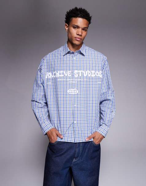 ASOS DESIGN - Oversized geruit overhemd met print op de borst in blauw - view 1
