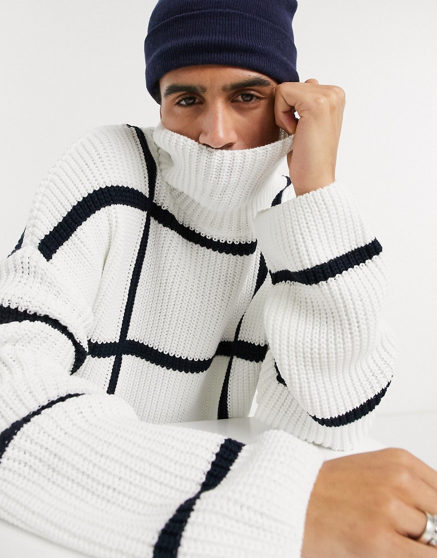 ASOS DESIGN - Oversized geruite trui met opstaande boord in wit