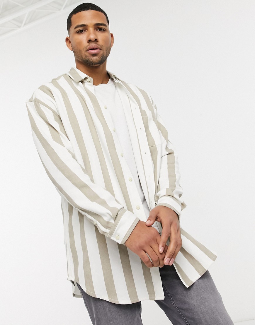 ASOS DESIGN - Oversized gestreept overhemd in jaren 90's stijl van keperstof in écru-Beige