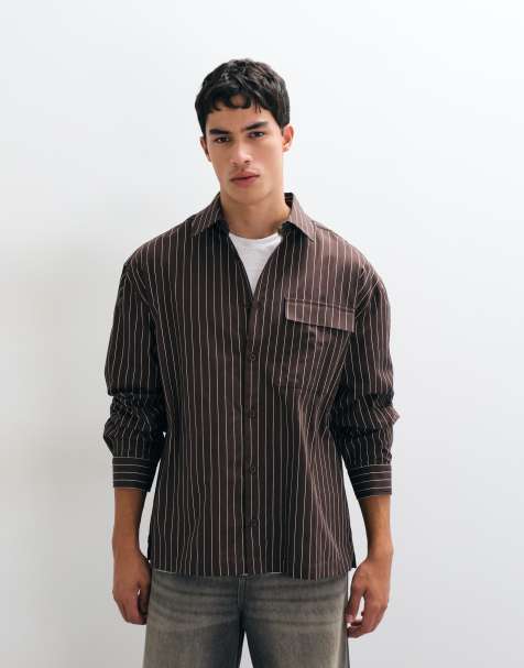 ASOS DESIGN oversized gestreept overhemd met borduursel op de kraag in bruin - view 1