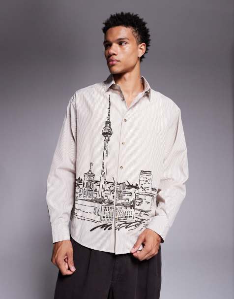 ASOS DESIGN - Oversized gestreept overhemd met landschap-print in beige - view 1