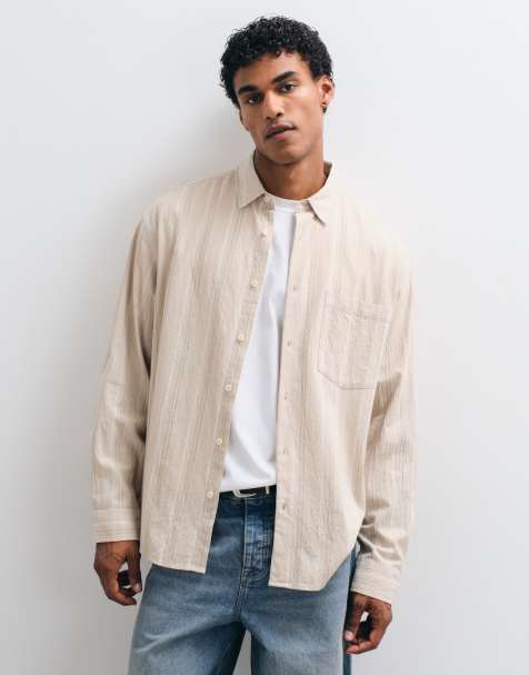 ASOS DESIGN - Oversized gestreept overhemd met linnenlook in beige - view 1