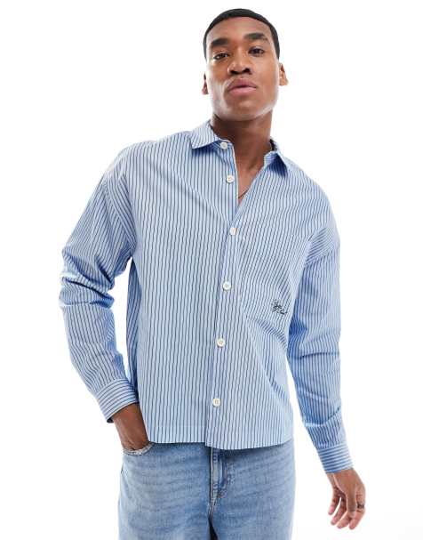 ASOS DESIGN - Oversized gestreept overhemd met rechte pasvorm en geborduurd logo in blauw - view 1