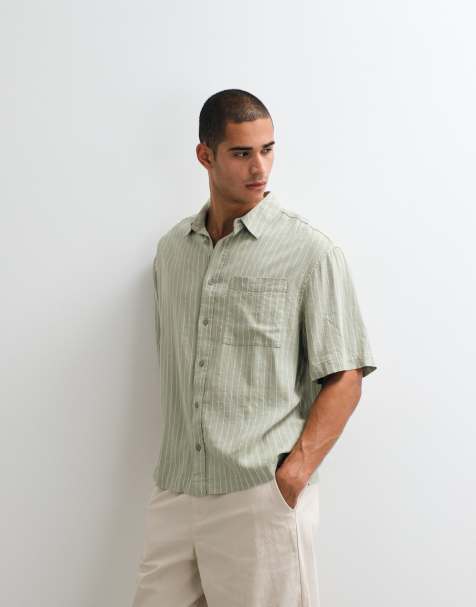ASOS DESIGN - Oversized gestreept overhemd van linnenmix in saliegroen - view 1