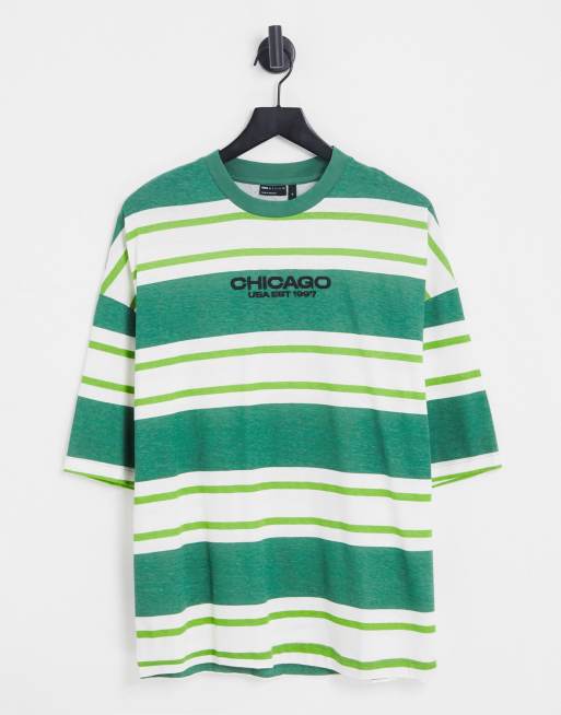 ASOS DESIGN - Oversized gestreept T-shirt in groen met Chicago-print op de borst