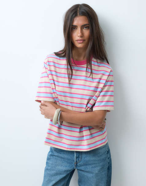 ASOS DESIGN - Oversized gestreept T-shirt in roze en blauw - view 1