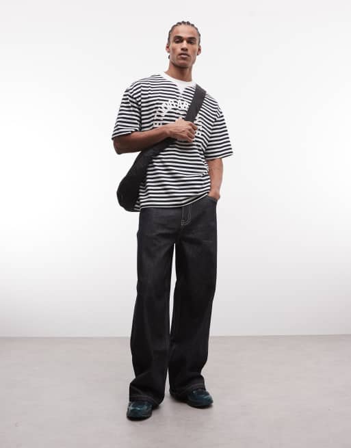 ASOS DESIGN - Oversized gestreept T-shirt met bolle tekstprint in marineblauw, 2 van 5