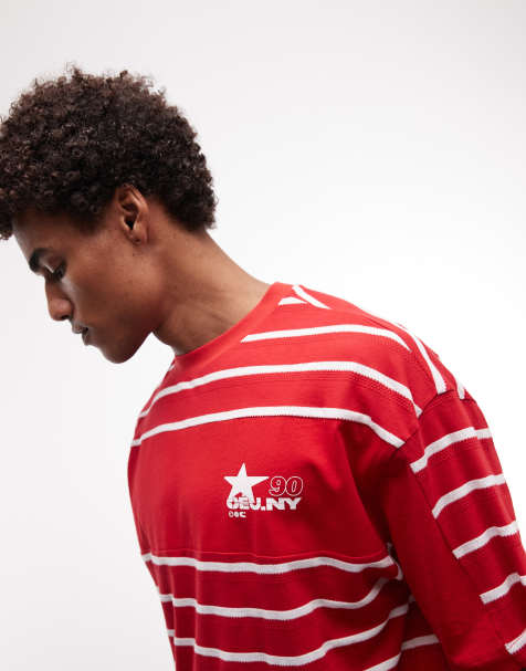 ASOS DESIGN - Oversized gestreept T-shirt met gestikte vlakken en print op de borst in rood - view 1