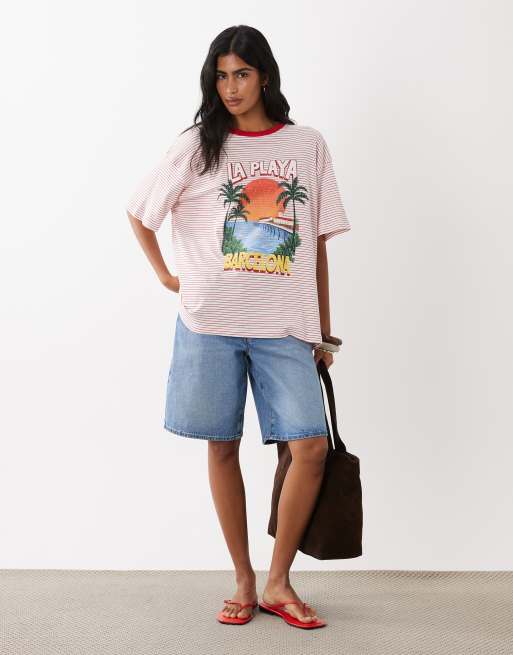 ASOS DESIGN - Oversized gestreept T-shirt met grafische La Playa-print in rood en wit, 2 van 4